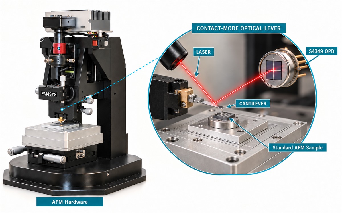 Concept illustration based on the actual setup: the complete EM4SYS AFM, a contact-mode optical lever over an HS-100MG-type step standard, S4349 QPD, digital PI controller, PA88 PZT amplifier and paired PC4QM and PC4WL Z actuators; not experimental evidence.