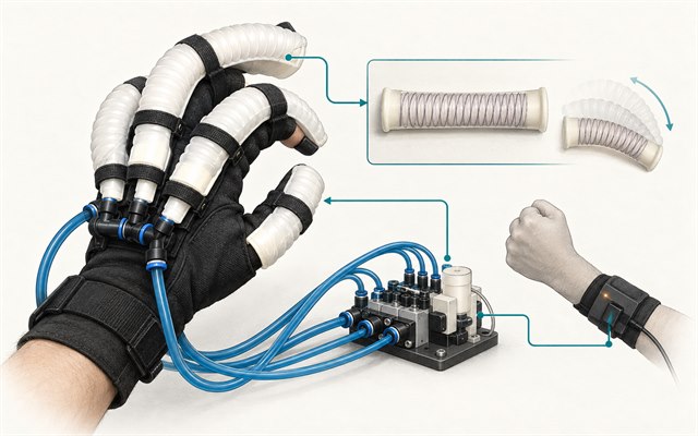 Concept illustration based on the prototype: a black glove with opaque white ribbed pneumatic actuators, blue tubing and a compact manifold, paired with its armband control cue; not experimental evidence.