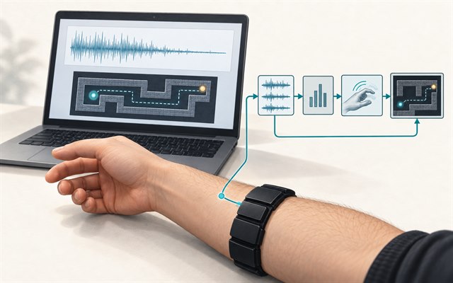 Concept illustration based on the demonstrated interface: a black segmented wireless armband on a forearm feeding live sEMG traces and a maze-control task; not experimental evidence.