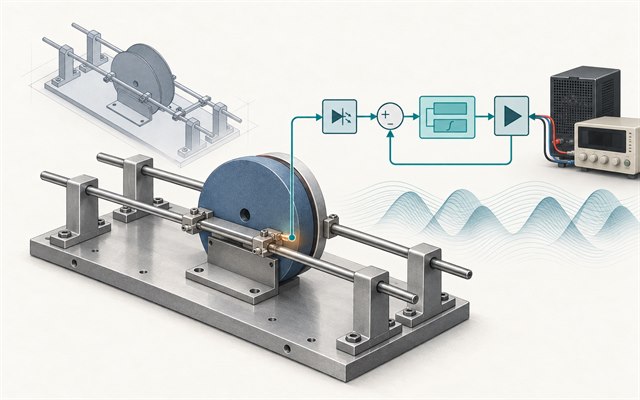 Concept illustration based on the built voice-coil bench: a long aluminium base, twin guide rods and central circular plates linked to current drive and closed-loop compensation; not experimental evidence.
