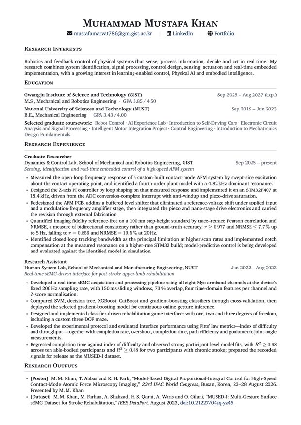 Curriculum vitae page one: research interests, education, research experience at GIST and NUST, and research outputs.