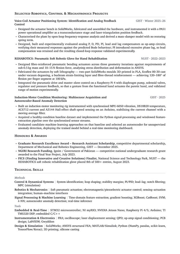 Curriculum vitae page two: selected robotics, control and mechatronics projects, honours and awards, and technical skills.